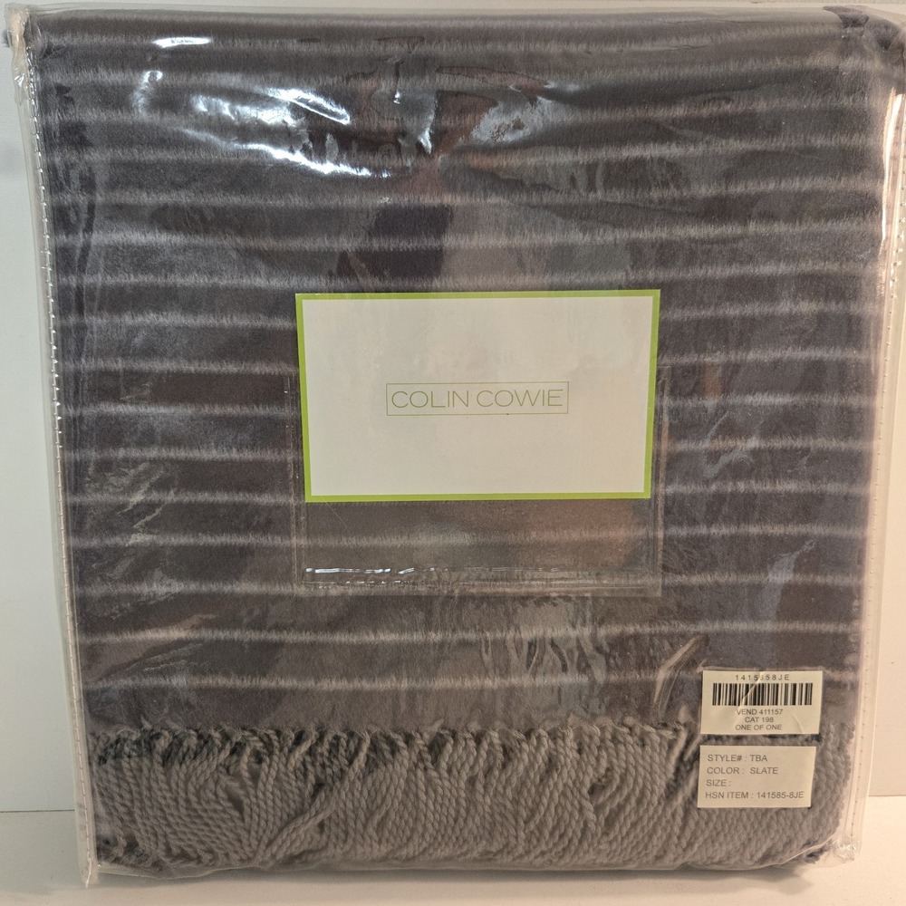 Colin‎ Cowie Rich Slate Gray 50" x 60" Ombre Stripe Throw Fringe Blanket NEW
